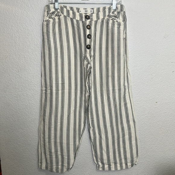 MNG Casual Striped Linen Cropped Button Front Wide Leg Pants Womens Size Small - Picture 1 of 12